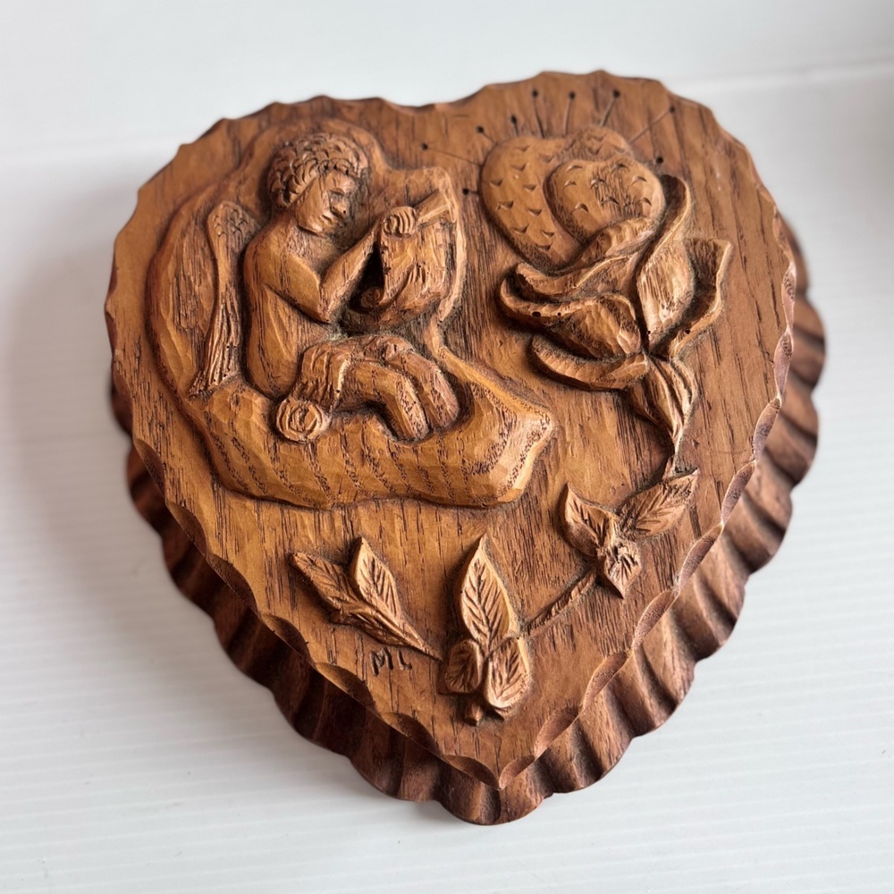 Vintage Hand Carved Wooden Heart Box Cherub Design